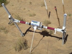 Figure 1: Field Testing - A Bartinton Grad601 sensor sitting on top of a fire rock, providing a reading of -24 nT. 
