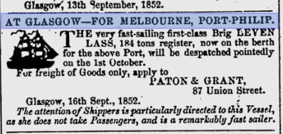 Figure 2. A Glasgow Herald newspaper article from 1852 calling for cargo applications for Leven Lass’ voyage to Melbourne (Glasgow Herald 17 September 1852:8).