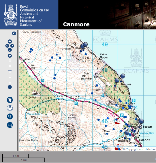 Figure 3. The three sets of measured mile markers on the Isle of Aaran to the SW of Dumbarton (RCAHMS 2014).