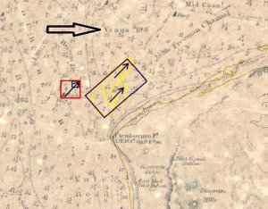 Image 2: The search area (marked by the larger box with yellow contours) for the wreck of the Venus superimposed on the historic chart. Note the name Venus Banks immediately above the search area.